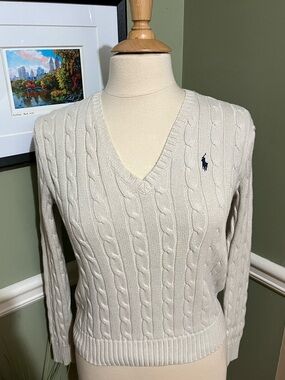 Ralph Lauren Women’s V-Neck Sweater - Cream with Navy Pony